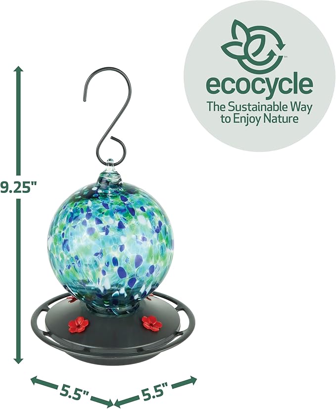 Garden Globe Handblown Recycled Glass Hummingbird Feeder for Outdoor Décor, 19 Ounce Capacity Nectar Feeder, 4 Removable Easy Clean Ports, Blue