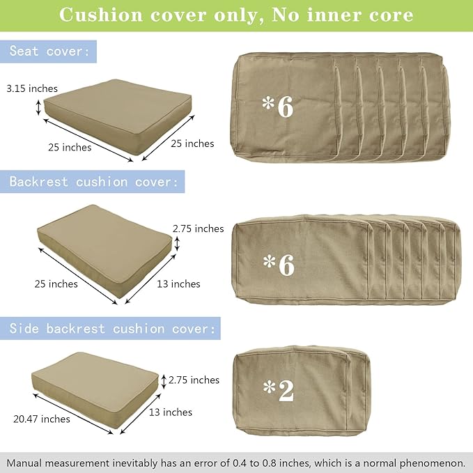 14Pieces Patio Cushion Covers Replacement Outdoor Couch Cushions Covers Splashproof Sofa Slipcovers Set with Zippers,Patio Furniture Protector Cover Only(Brown,25×25×3.15 inches)