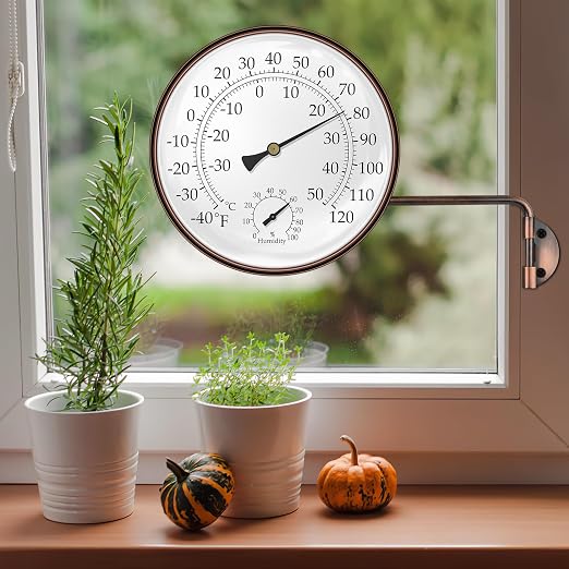 6 Inch Analog Outdoor Thermometer Hygrometer, Solid Copper Weatherproof Large Dial with Swivel Mount, No Battery Mechanical Gauge for Patio Garden Greenhouse Garage Wall