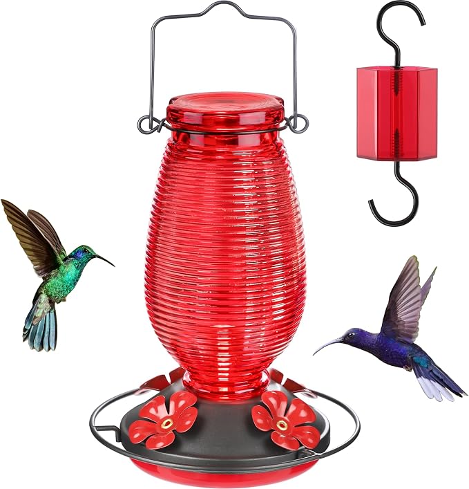 FEED GARDEN Glass Hummingbird Feeder + Shepherds Hooks 60” 1 Pack