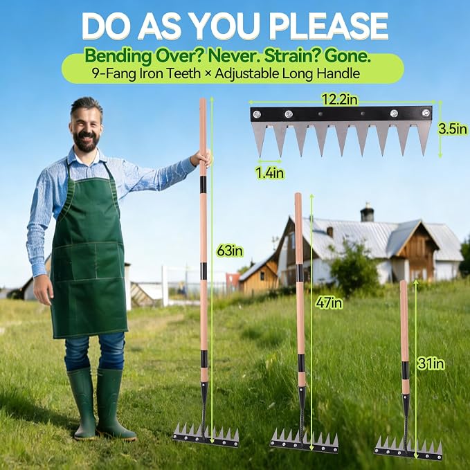 Gardenia Iron Weeding Rake with Handle 3.0, Heavy Duty Iron Rake for Gardening and Weeding, 2026 Upgraded 9-Tine Garden Weed Puller Tool, Garden Weed Rake Tool for Removing Weeds, Soil Aeration