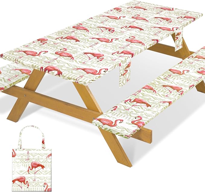Fitted Waterproof Picnic Table Cover with Bench Covers Heavy Duty Elastic Outdoor Camping Tablecloth for 8 Foot Rectangle Tables Summer Rv Accessories Patio Garden Road Trip Essentials Gifts