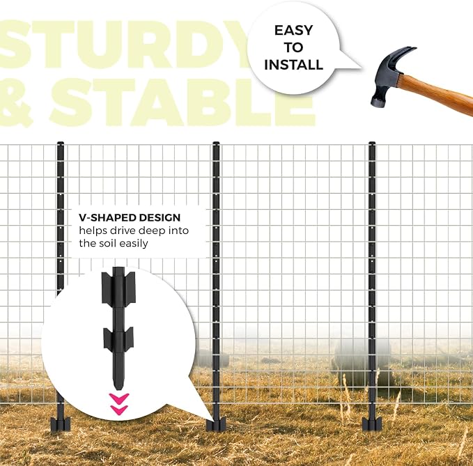 Fence Posts 3 Feet, Heavy Duty Metal Fence Post with U-Channel, Steel Fence U Post for Wire Fencing Steel Post for Yard, Outdoor Wire (Black - Set 8)