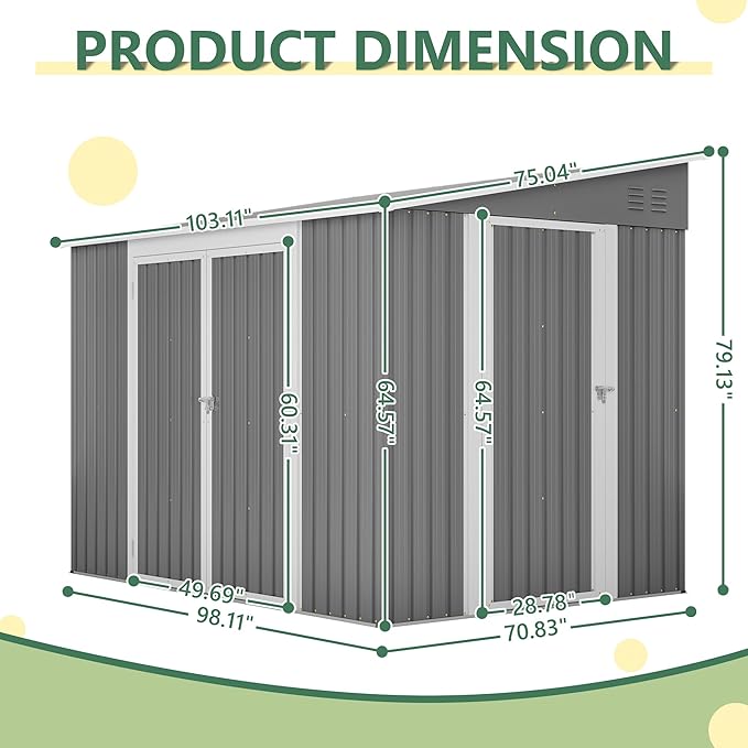 YOPTO 8x6 FT Lean to Outdoor Storage Shed W/Adjustable Lockable Double Side Doors,Metal Shed W/Floor Frame & 2 Air Vents,Garden Tool House W/Updated Frame Structure,for Backyard Patio Lawn,Gray