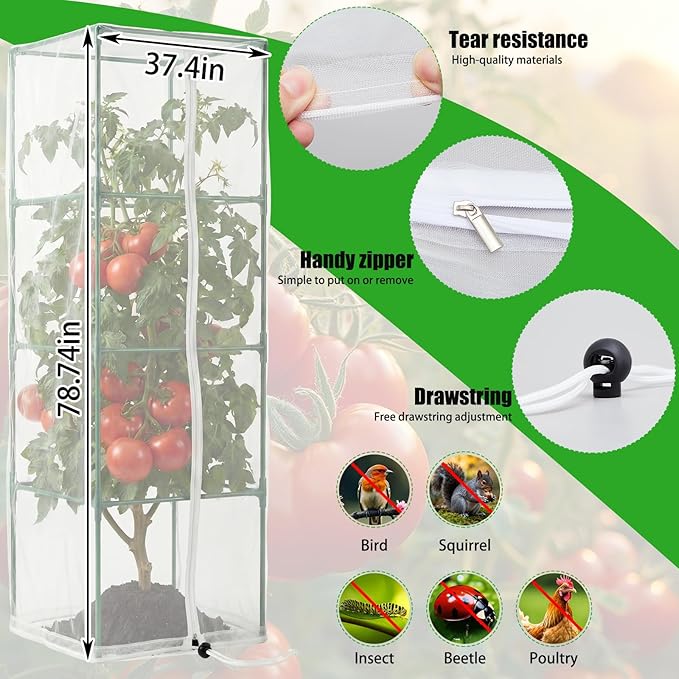 Qunclay 3 Pack Square Tomato Cages with 3 Pcs Garden Bird Netting Cover, 57 in Adjustable 4-Tier Tomato Plants Trellis, Drawstring Plant Protection for Vertical Climbing Plants Vegetables Fruits