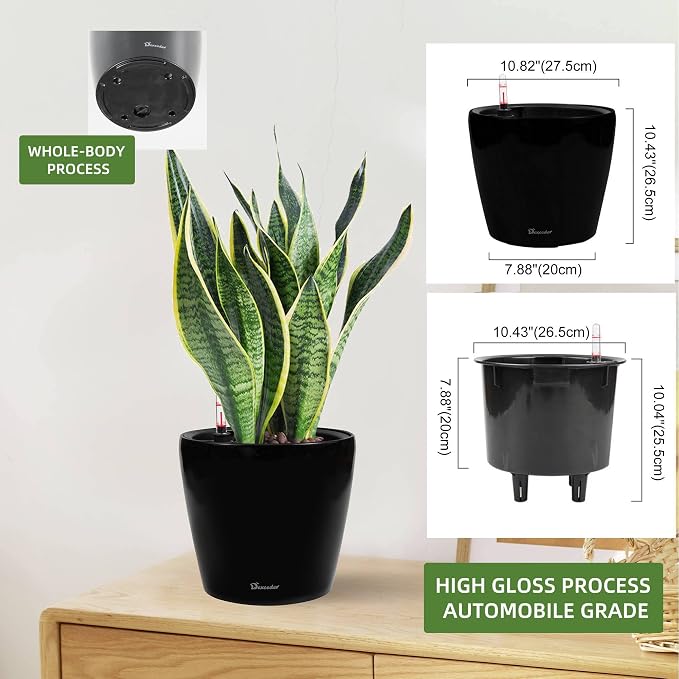 Dexceder 11x10 Self Watering Planter (Black High Gloss) | Inner Pot Design, Thickened Table Flower Plant Pot with Water Level Indicator Indoor Outdoor