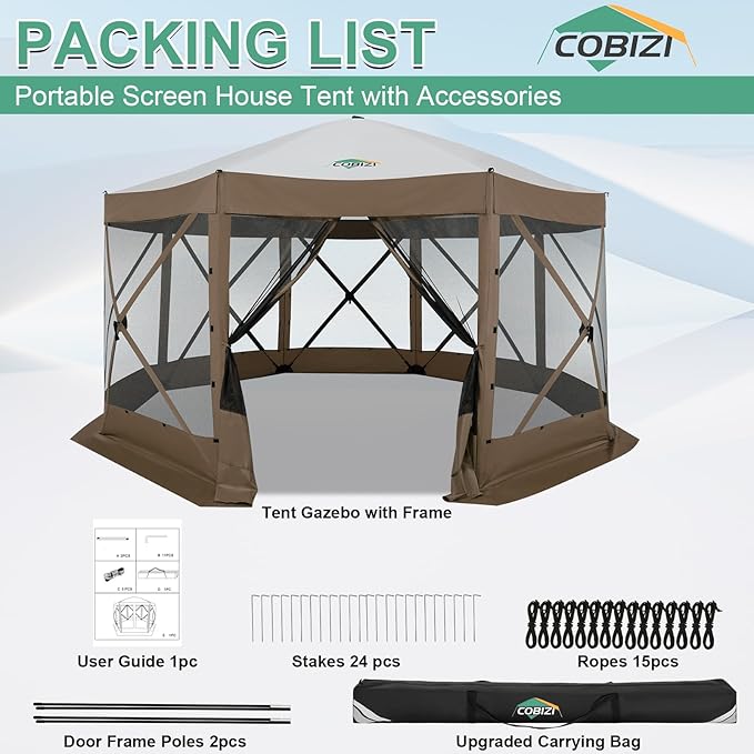 COBIZI 15x15 FT Pop Up Gazebo - Canopy Tent, Large Gazebos On Clearance,Instant Screened in Gazebo,carpas para Patio,Portable Screen Tents for 12-15 Persons Outdoor Camping, Backyard, Brown