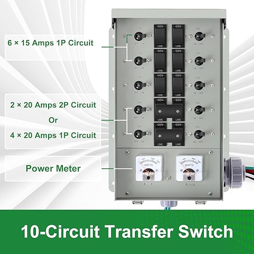 30 Amp Generator Transfer Switch Kit,10-Circuits, 7500W, Indoor&Outdoor, NEMA 3R, Include 10 Foot Cord and 30 Amps Inlet Box, Easy to Install,5 Years Warrnaty