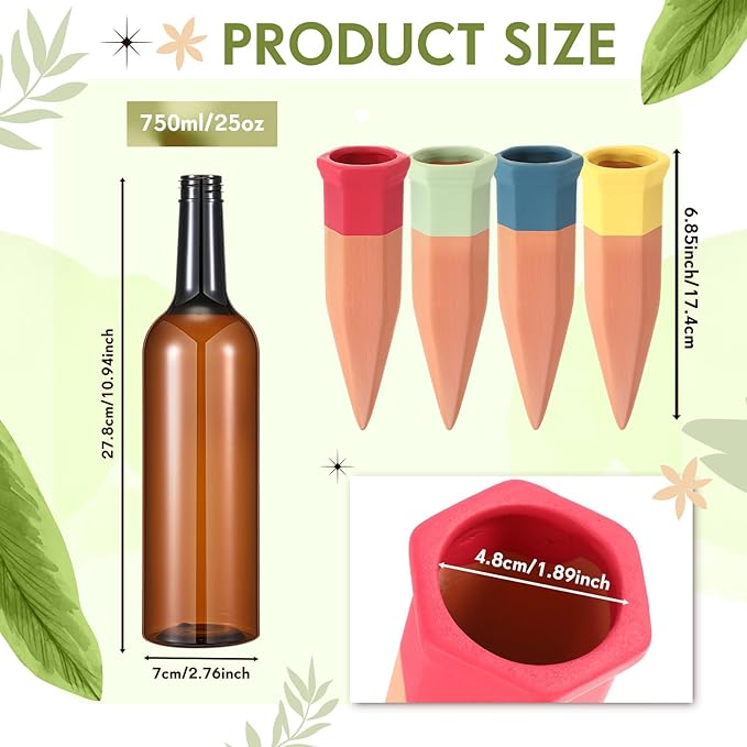 Baderke 24 Pcs 12 Set Plant Watering Devices, Terracotta Watering Spikes with 25 oz Plastic Wine Bottles, Slow Release Vacation Insert Automatic Plant Waterer Devices for Indoor Outdoor