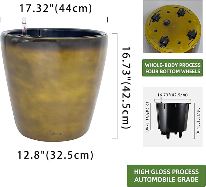 Dexceder 18x17 Self Watering Planter with Wheels (Yellow Brown Gradient) | Inner Pot Design, Thickened Large Floor Standing Flower Plant Pot with Water Level Indicator Indoor Outdoor