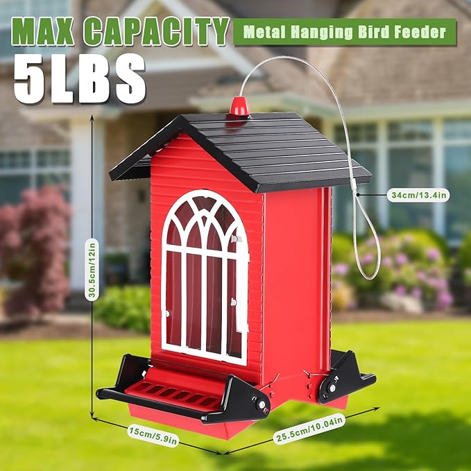 Gbekery Squirrel Proof Bird Feeder for Outdoors,5LB Large Capacity,Metal Wild Bird Seed Feeder with Bilateral Weight-Activated Perches for Outside Hanging,Finch,Cardinal,Blue Jay,Garden Decoration,Red