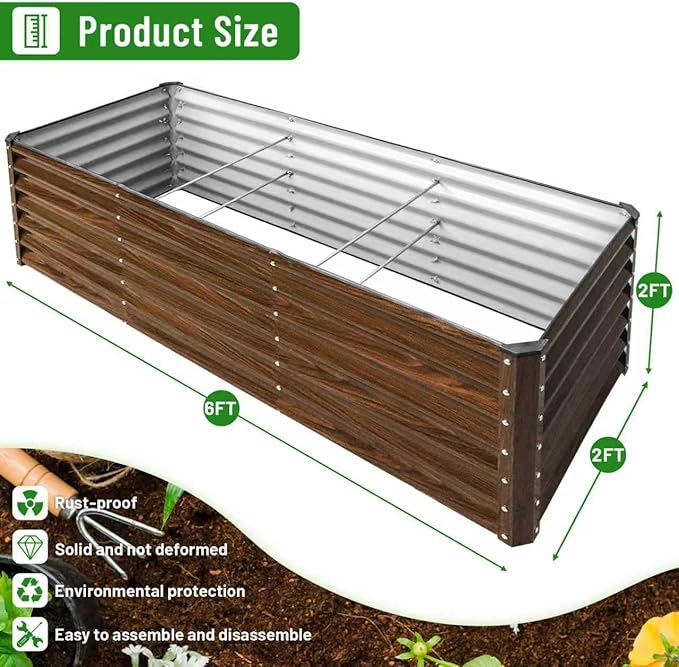 SnugNiture 6x2x2FT Galvanized Raised Garden Bed Kit, Metal Planter Box for Planting Plants Vegetables, Brown