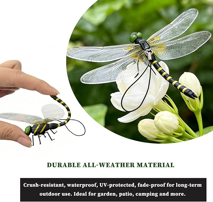 Dragon Fly Clips,4PCS Lifelike Fake Dragonflies Outdoor Hanging Ornament & Garden Decor,Clip to Hat Backpack Tent Outdoor Gear for Hiking Gardening Camping,Durable PVC Hanging Use