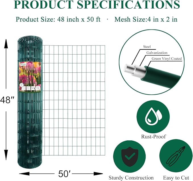 Green PVC Coated Welded Wire Fence 48 Inch x 50 Foot, 2 Inch x 4 Inch 14GA, Garden Border Fencing Roll Vinyl Coating Metal Wire Mesh Hardware Cloth for Yard Vegetable Plant Protection