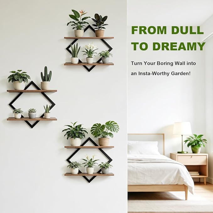 Set of 3 Floating Wall Shelves for Plants, Brown | Wall Planters for Indoor Plants, Wall Plant Holder, Plant Stand for Small Plants, Window Plant Hanging