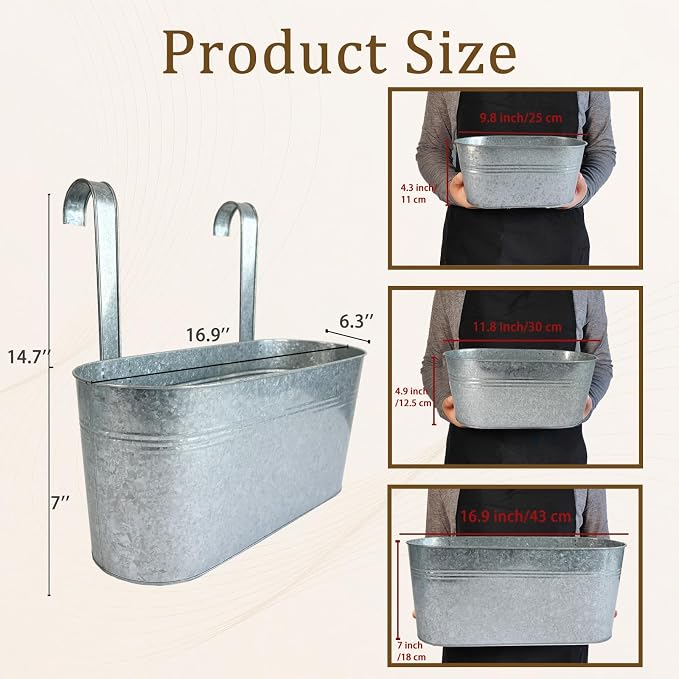 Balcony Galvanized Hanging Planters Railing Flower Pots, Outdoor Metal Fence Planter Pot with Detachable Hooks Drain Hole for Garden Patio Yard Decor (17 Inch, 6Pcs)
