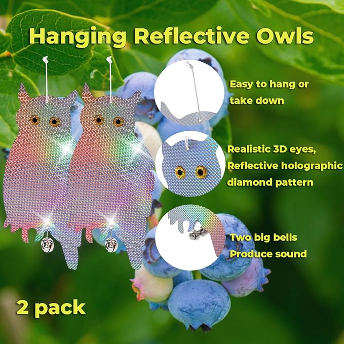 Dyvicl Fake Owl Hanging Reflective Owl Woodpecker Bird Deterrent Control Device for House Windows Outdoor Garden Yard, 2 Pack
