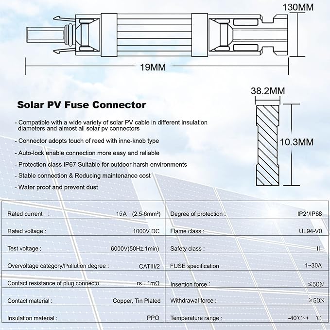 15A Solar Fuse Holder Inline with Male and Female Connector for Solar Panel and Solar Controller, Waterproof Solar Fuse Connector, Solar Surge Protection Device 5pcs