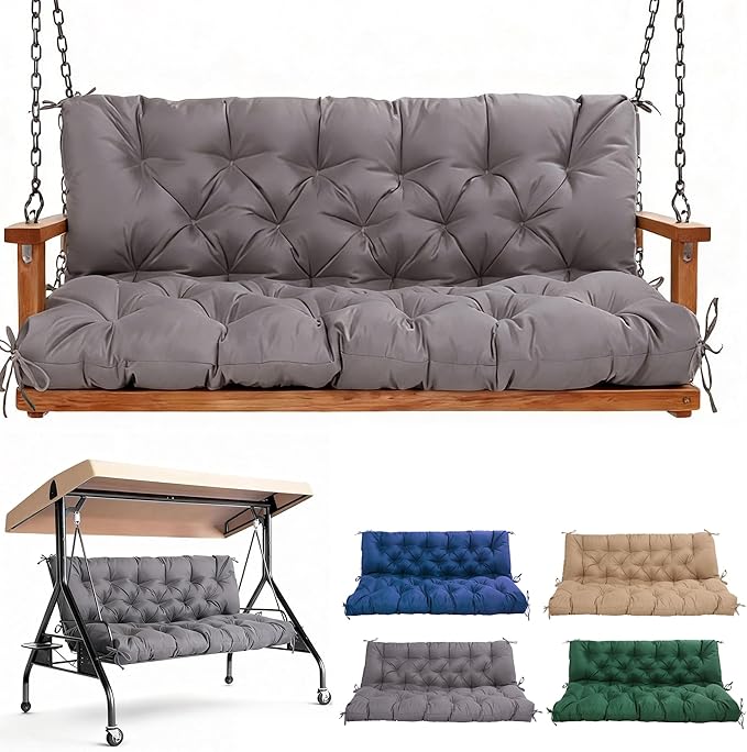 Porch Swing Cushions 60 Inch,Waterproof Patio 2 3 Seater Replacement for Outdoor Furniture with Backrest&Strap,Thick 4" Swing Seat Cushion for Loveseat Garden Glider Bench Lawn Backyard,Dark Gray
