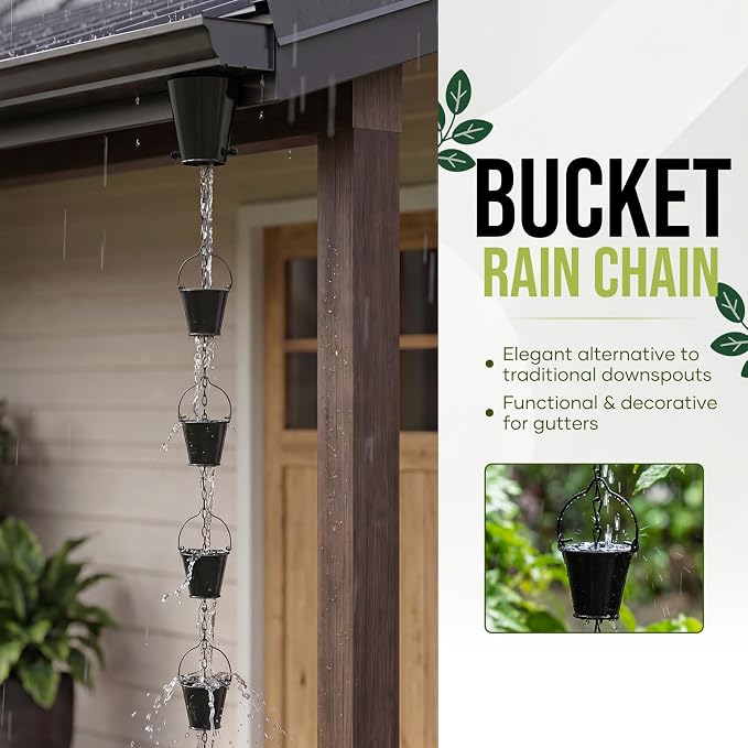 8.5FT Wrought Iron Rain Chain, Black Cup Bucket Design, 16 Cups, Gutter Adapter & Decorative Butterfly, Outdoor Garden Decor
