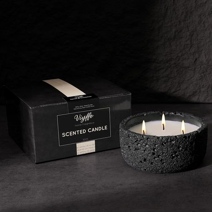 Viyffo Large 3 Wick Scented Candle – Sandalwood & Lavender, 20oz Non Toxic Soy Candles for Women & Men, Matte Black Ceramic Jar Perfect Calming Home Fragrance, Elegant Room Décor & Premium Gift