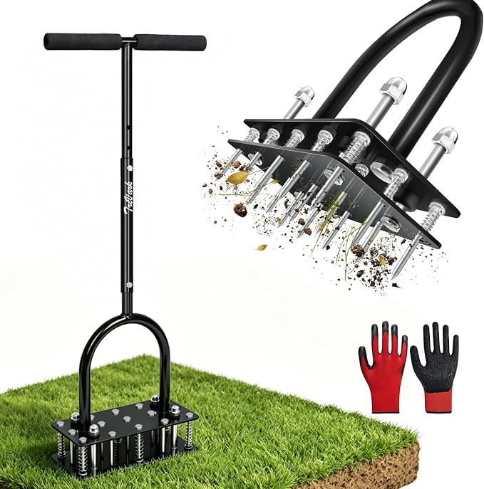 Lawn Aerator, Automatic Dirt and Leaf Clean Design, Heavy Duty Manual Lawn Aerator Tool with 15 Iron Spikes, Height Adjustable, Yard Grass Aerator for Lawn.
