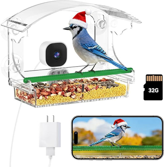 Dzees Window Bird Feeder with Camera, 2K HD Live Stream & AI Bird Identification, Smart Bird Feeder for Window Mount, Auto-Capture, 2.4GHz WiFi, Strong Suction Cup Installation, Gift for Bird Lovers