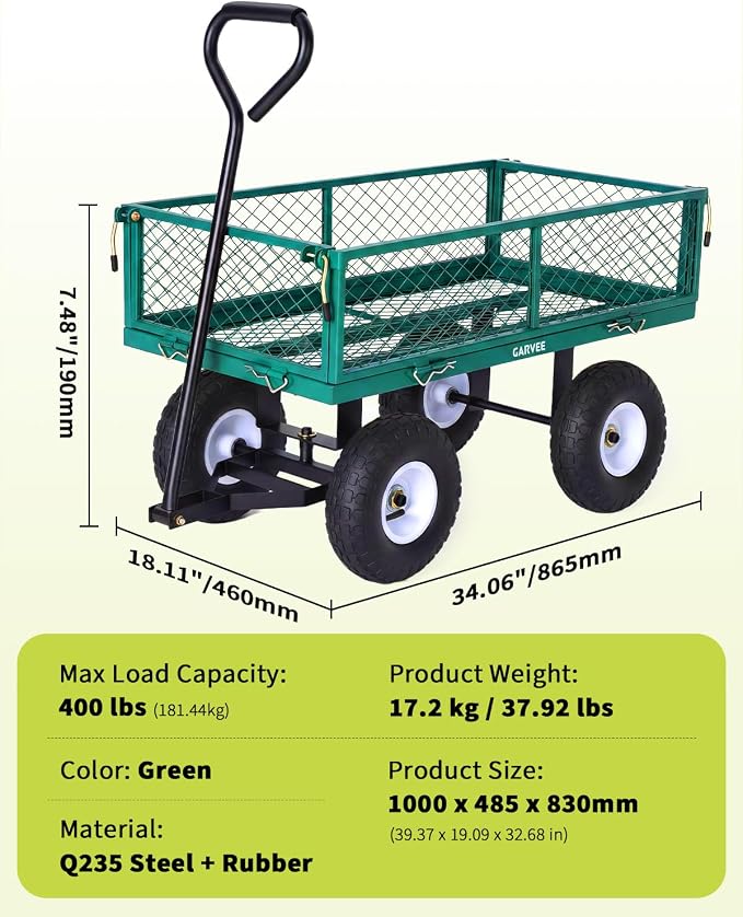 Garvee Versatile Outdoor Utility Cart-400LBS Heavy-Duty, 10" All-Terrain Pneumatic Tires, Easy Maneuverable Lawn Cart with Removable Mesh Panels for Gardening&Landscaping, Green, with Waterproof Liner