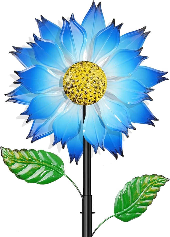 Blue Flower Metal Wind Spinner, 63.4" Kinetic Large Wind Sculptures with 5 Prong Anti-Tip Ground Stake, All Weather Kinetic Yard Art Decor for Lawn Garden Patio Outside Ornament