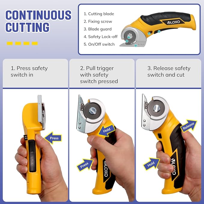 VLOXO Cordless Cardboard Cutter – Electric Scissors for Effortless Cardboard Recycling, Package Opening & DIY Crafting, 240RPM Cordless Power Scissors with Safety Lock for Left & Right Hand(Yellow)