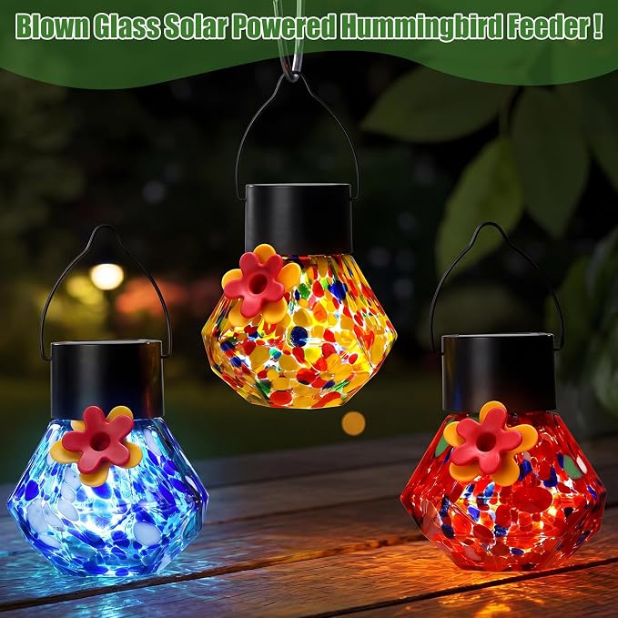 Nuogo 3 Pcs 3.54 Inch Blown Glass Hummingbird Feeders Solar Powered Hummingbird Feeder with LED Light for Garden Outdoors Window Decor Valentine Hanging Gifts Ant and Bee Resistant (Color D,Novel)