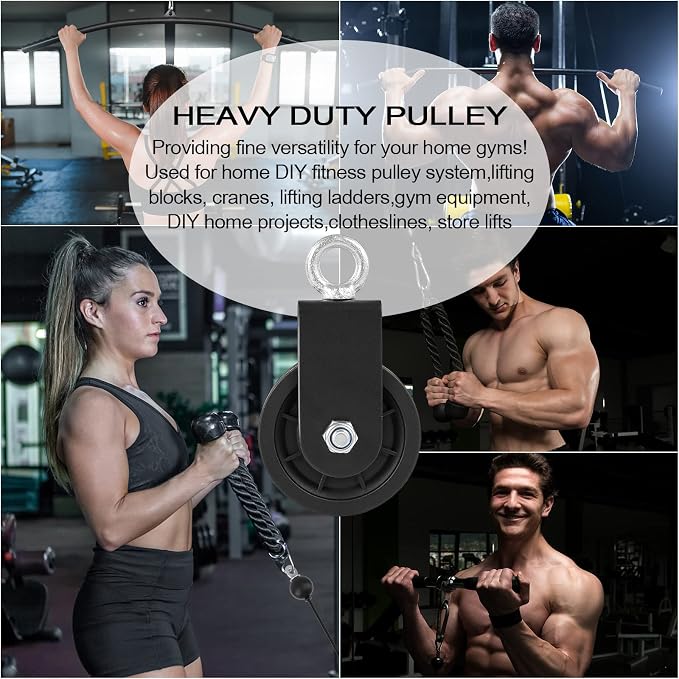 3.54 in Cable Pulley 360 Rotation Traction Wheel with Carabiner and Strap,Silence Smooth Detachable for DIY Gym Pulley System,DIY Gym Attachment Lifting Blocks,Ladder Lift,Hoists,Clothesline