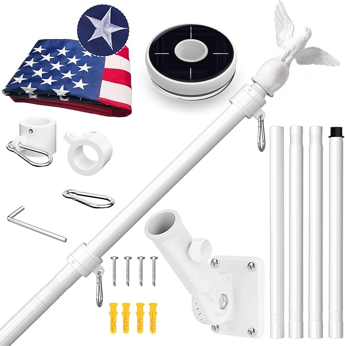 LETSTRY American Flag with Pole & Flag Pole Light, 5FT White Flagpoles for Outside House with 180° Adjustable Bracket, 1" Thickened Stainless Steel Wall Mount Flagpole for Residential Porch Outdoor
