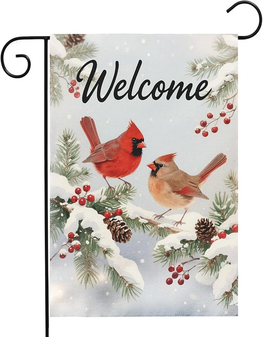 Winter Cardinal Garden Flag 12x18 Inch Snow Scene Bird Welcome Christmas Holiday Seasonal Decorative Yard Flags for Outside Double Sided Outdoor Home Farmhouse Decoration Porch New Year Decor