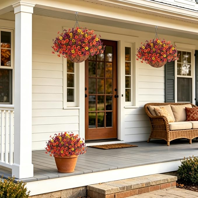 Fake Mums Artificial Fall Flowers with Hanging Baskets Outdoors for Decoration Faux mums for outdoor planters Daisy Flower with Eucalyptus Leaves for Porch Home Patio Balcony and Yard Autumn Decor