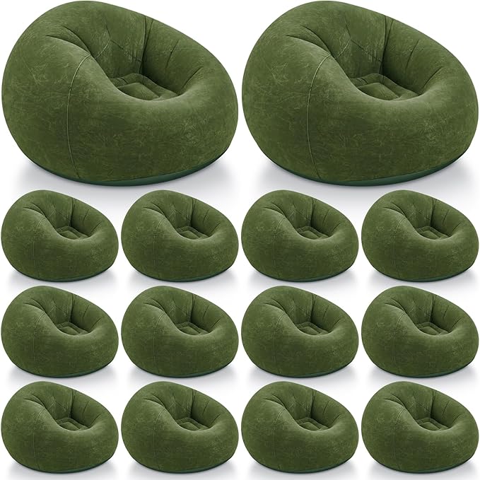 Realspring Inflatable Bean Bag Chairs Outdoor Blow up Camping Chairs Inflatable Lazy Sofa Folding Portable Bean Bag Loungers Couch for Movie Night(Dark Green,12 Pcs)
