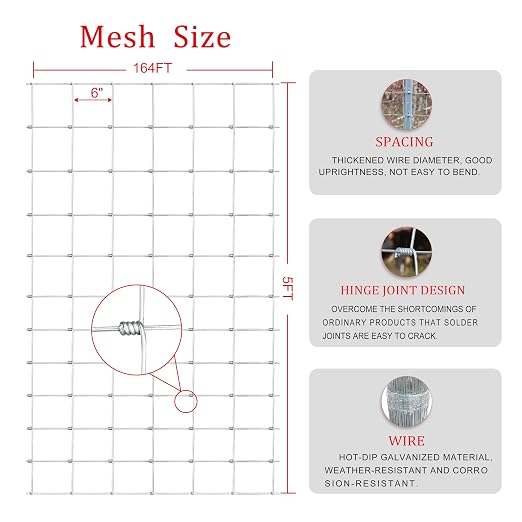 Livestock Fence, 5ft x 164ft Galvanized Cattle Fence, Deer Fence,Heavy Zinc Coating Wire Fencing,Farm Fence for Hog Goat Horse