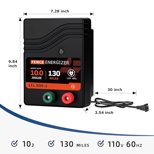 Electric Fence Charger AC Powered 110 Miles, 110 Volt 10 Joule Plug-in Electric Fence Energizer, Output Voltage Max 11.3 KV for Livestock, Preventing Predators from Intruding