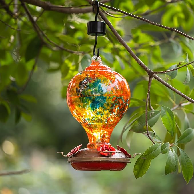 Hummingbird Feeders for Outdoors Hanging, 32OZ Hand Blown Glass Hummingbird Feeder for Outside, 4 Perch Ant Moat Leakproof, Garden Decor, Backyard Bird Gifts for Mom (Orange) | LaElvish Garden Hummingbird Feeders for Outdoors Hanging, 32OZ Hand Blown G...