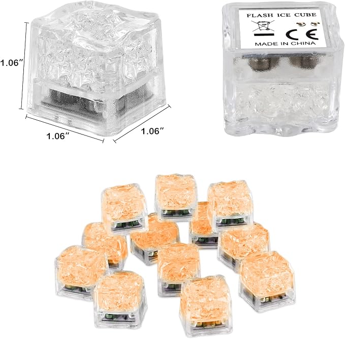 Light Up Ice Cubes for Drinks, 96 PCS Orange LED Ice Cubes Liquid Activated, Glow in The Dark Waterproof Ice Cubes for Home Bar Supplies Summer Party Wedding Decor