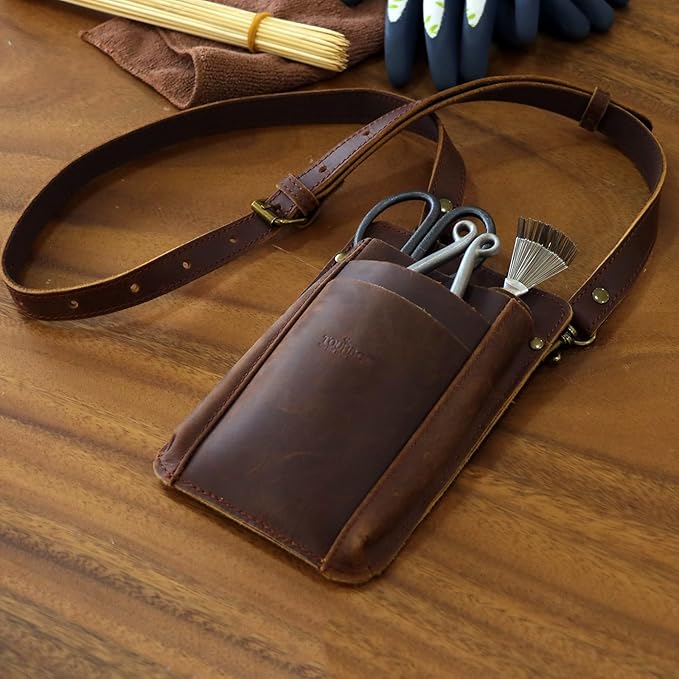 Tourbon Leather Florist Tool Waist Pouch Belt Garden Shoulder Crossbody Tools Bag Gardening Pruning Shears Holder Organizer Kit 4 Pockets
