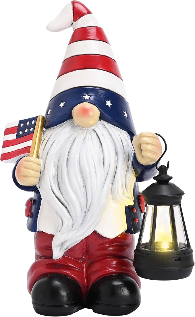 TERESA'S COLLECTIONS 4th of July Gnome Decorations with Solar Lantern, Memorial Day Decorations Resin Patriotic Garden Gnome Holding American Flag, USA 250th Anniversary Independence Day Gift 8"