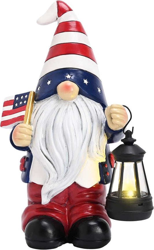 TERESA'S COLLECTIONS 4th of July Gnome Decorations with Solar Lantern, Memorial Day Decorations Resin Patriotic Garden Gnome Holding American Flag, USA 250th Anniversary Independence Day Gift 8"