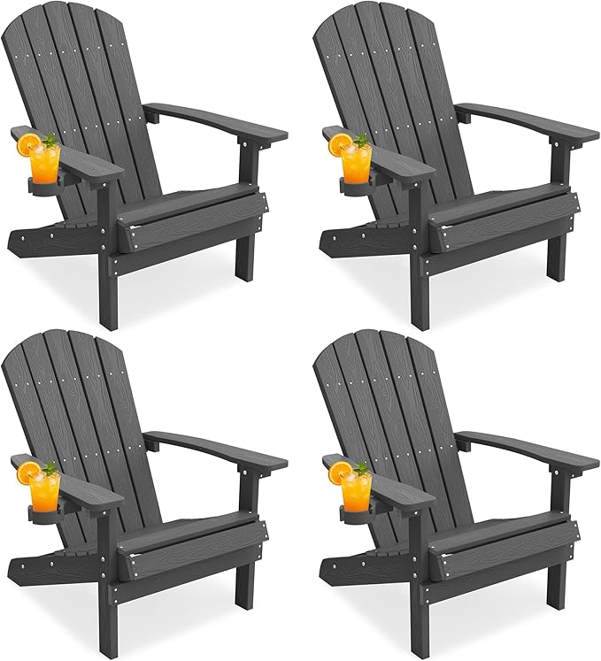 YEFU Adirondack Chairs Set of 4: Outdoor Chair HIPS Plastic Adirondack Chairs - Patio Chairs with Wood Texture - Lawn Fire Pit Deck Porch Garden Chairs for Adults (Dark Grey)