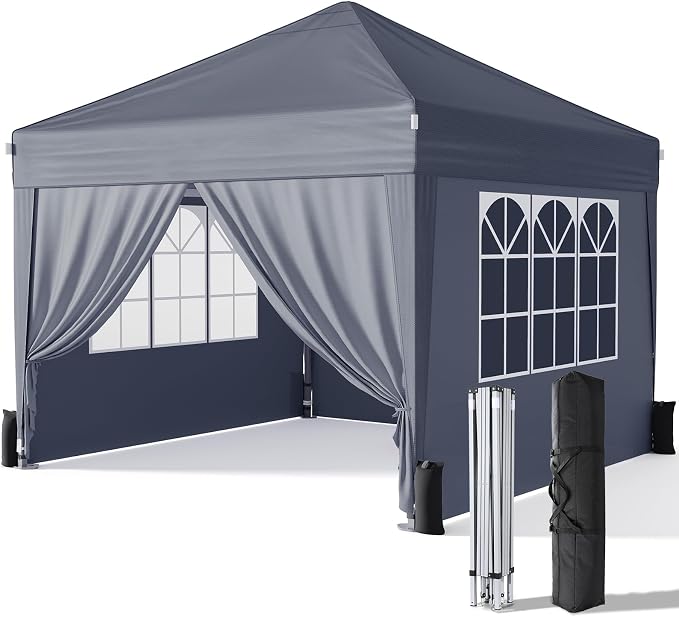 Driftalia 10x10 Pop Up Canopy with Sidewalls, Outdoor Instant Canopy Tent with Carry Bag for Commercial Events, Camping, Backyard Parties - Dark Grey