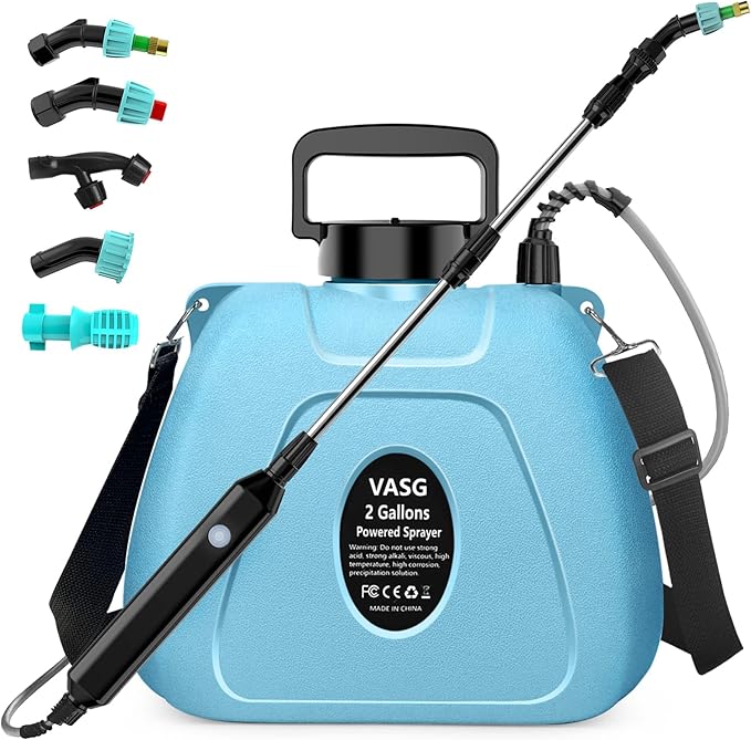 VASG 2 Gallon Battery Powered Garden Sprayer, Electric Sprayer, Weed Yard Lawn Sprayers with 5 Mist Nozzles & Retractable Wand & Adjustable Strap for Lawn, Garden, Yard