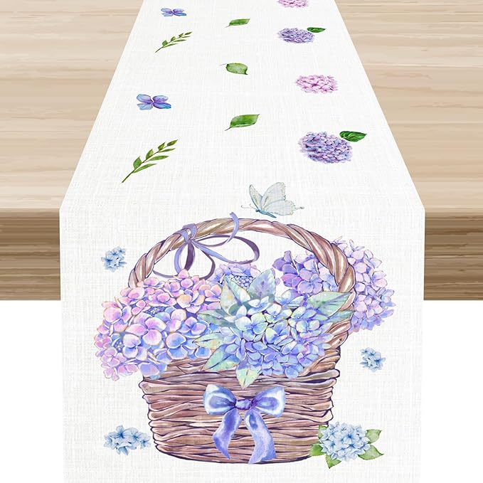 Blue Floral Table Runner, Rustic Watercolor Spring Summer Seasonal Hydrangea Flower Retro Coffee Country Table Center Decor for Family Kitchen and Dining Party Farmhouse Table Decorations, 13"x90"