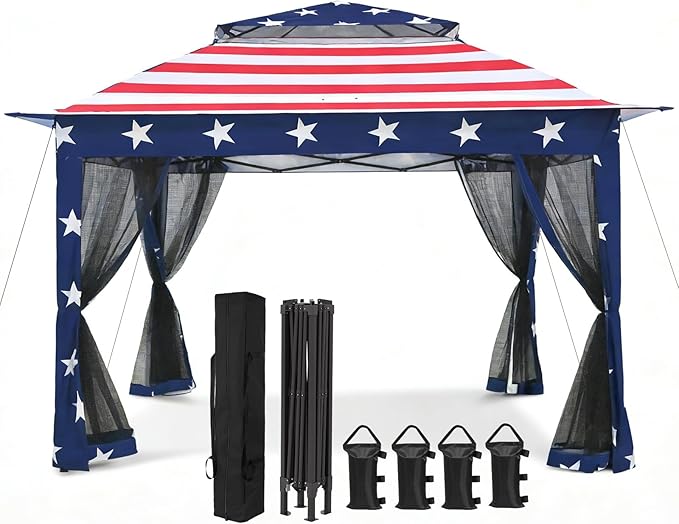 COOS BAY Pop up Gazebo 11x11, Instant Canopy Tent with Mesh Netting, Patio Gazebo with 121 Square Feet of Shade, 4 Weight Bags Included, American Flag