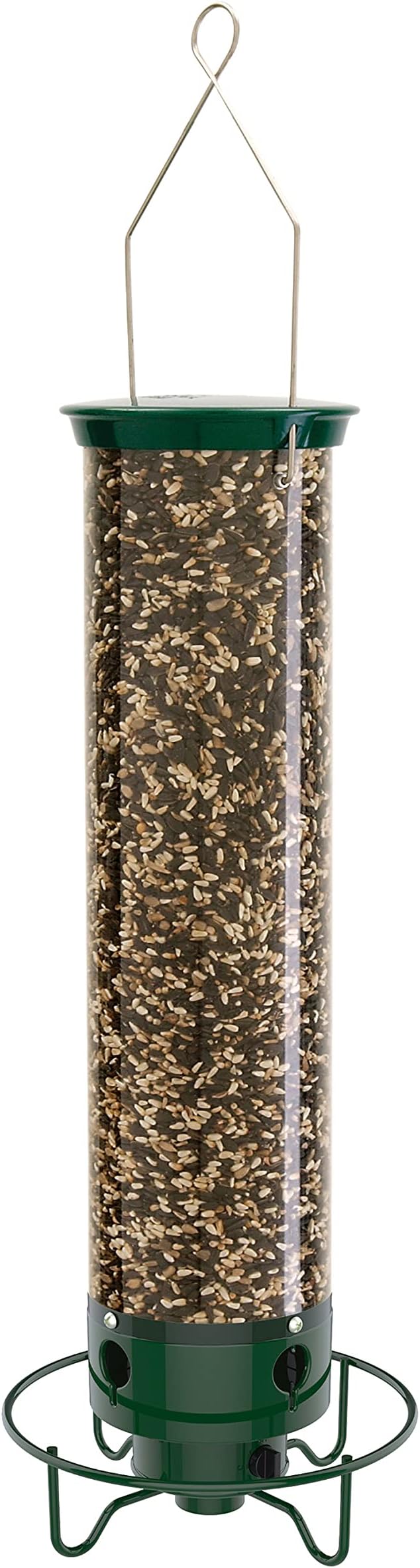 Droll Yankees Squirrel Proof Bird Feeder for Outdoors – Rechargeable Weight-Activated Rotating Perch, 5lb Seed Capacity, Metal Base, UV-Stabilized Seed Tube, Hanging Green Yankee Flipper, YF-M
