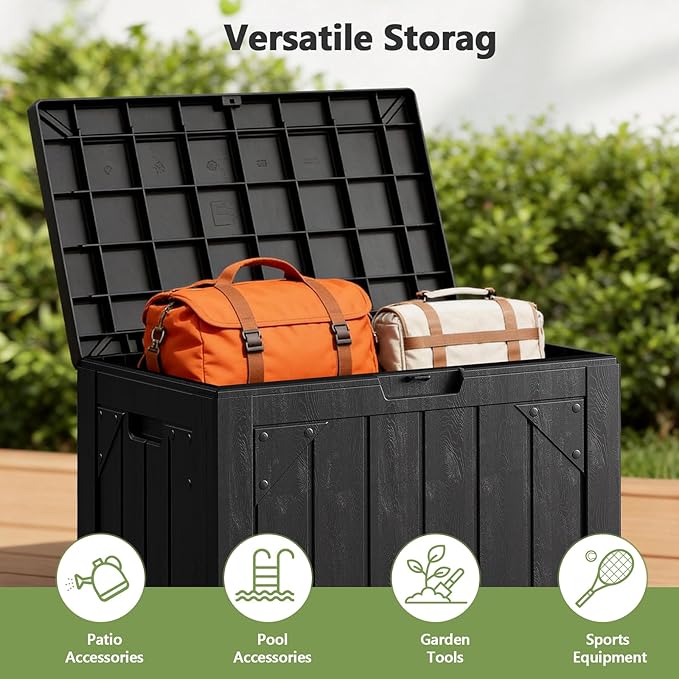 Outdoor Storage Box - 30 Gallon Waterproof Resin Deck Box, Lockable Patio Storage Bench for Package Delivery, Cushions & Garden Tools, UV Resistant (Black)